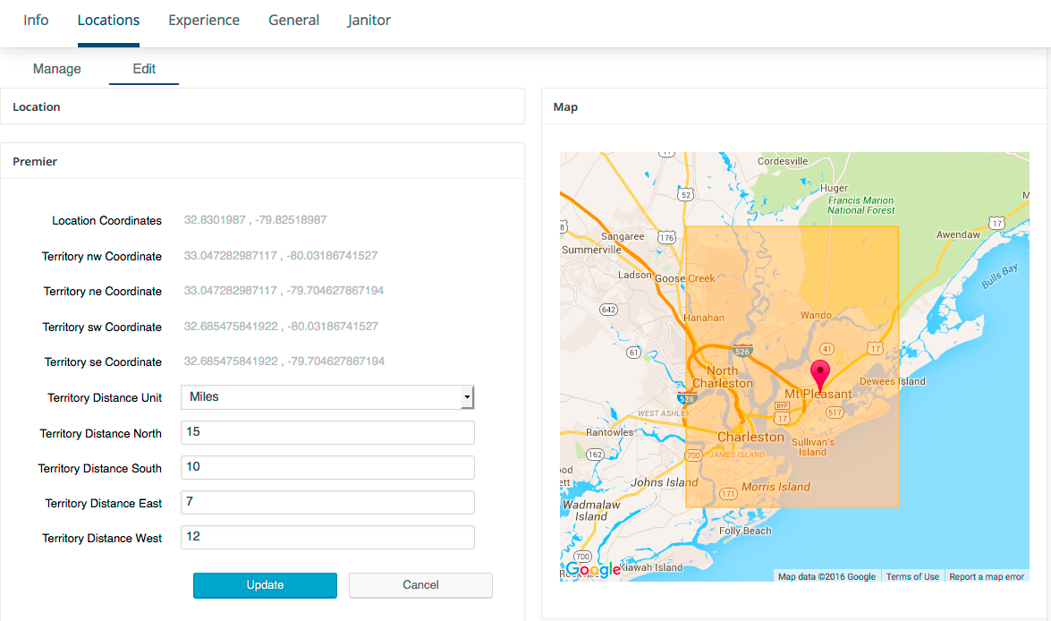 A location and the territory it covers.