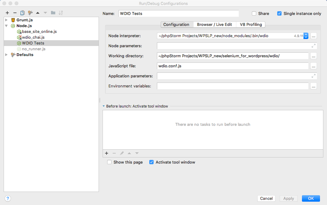Configuring WDIO Tests in phpStorm