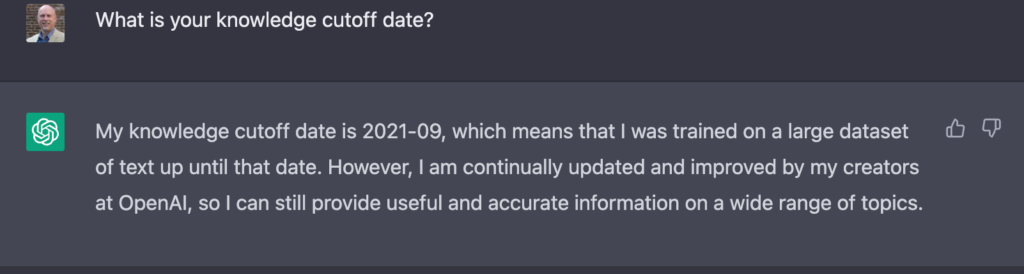 ChatGPT Artificial Intelligence language bot reverts to the original knowledge cutoff date.