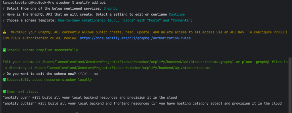 Starting A New App On Amplify via amplify add api
